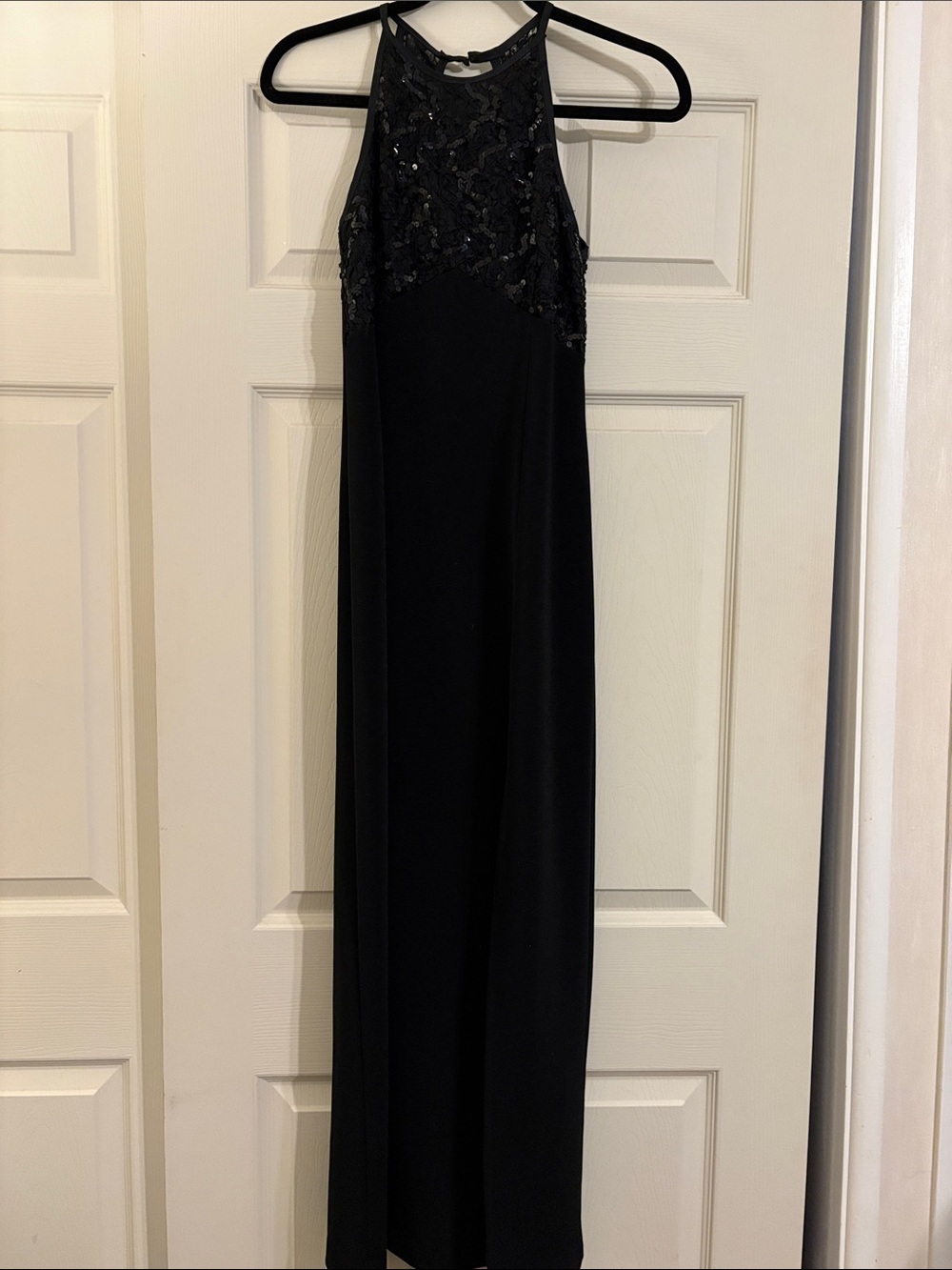 Betsy & Adam Black Halter Gown with Sequin Bodice